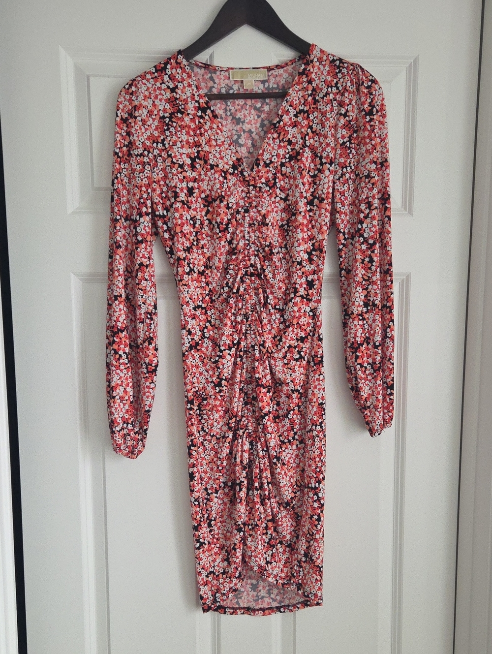 Michael Kors Coral Floral Long-Sleeve Ruched Dress